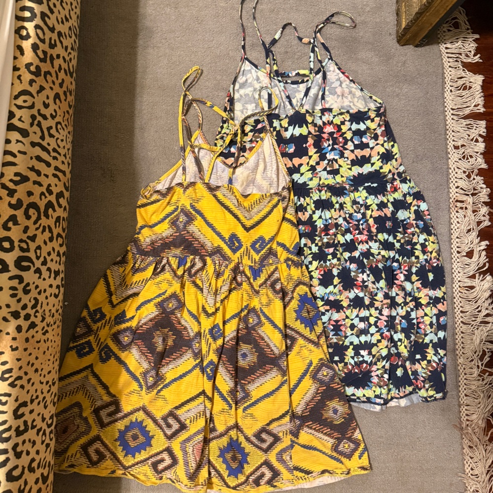 2 Xhilaration Cotton Printed Dresses Yellow Blue Floral Geometric Women’s L